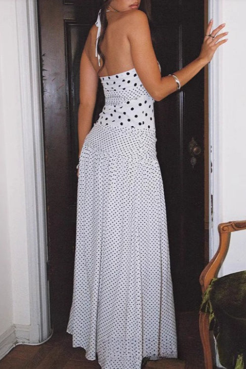 Mixed-Scale Polka Dot Halter Sweetheart Neckline Fit-and-Flare Maxi Dress