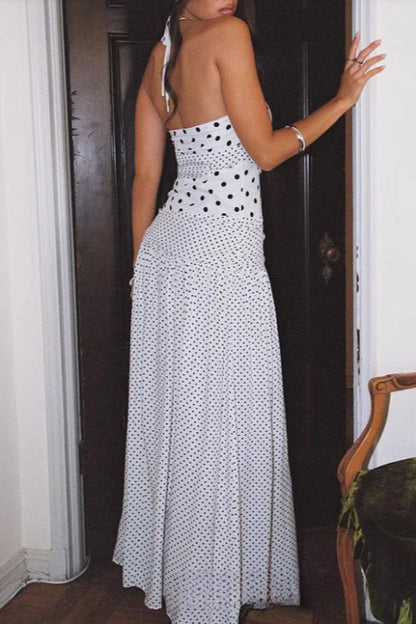 Mixed-Scale Polka Dot Halter Sweetheart Neckline Fit-and-Flare Maxi Dress