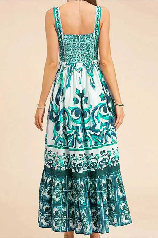 Mediterranean Print Sweetheart Neck Tiered Flounce Hem Maxi Dress