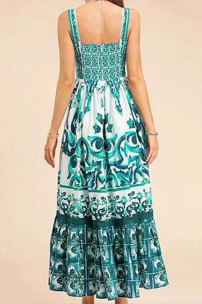Mediterranean Print Sweetheart Neck Tiered Flounce Hem Maxi Dress