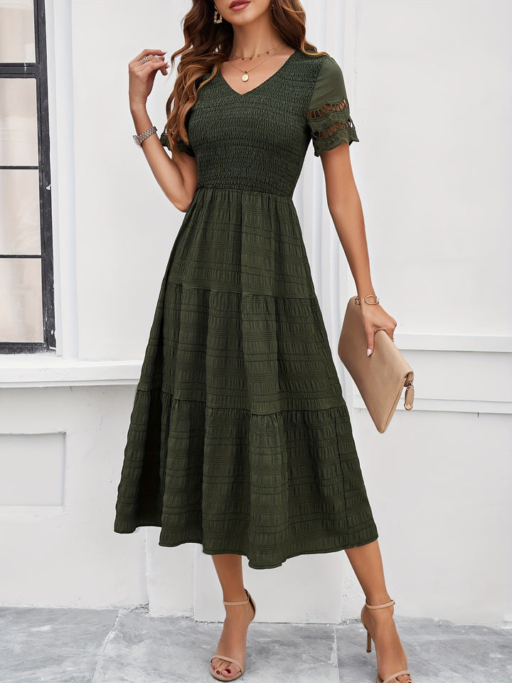Eyelet Embroidery Smocked V-Neck Scalloped Cap Sleeve Tiered Crinkle Midi Dress