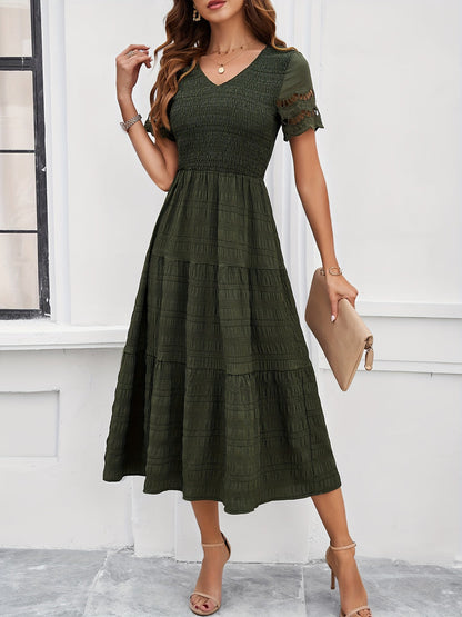 Eyelet Embroidery Smocked V-Neck Scalloped Cap Sleeve Tiered Crinkle Midi Dress