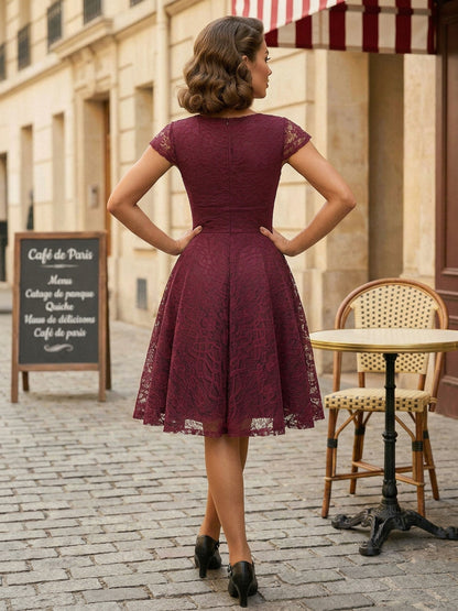 Vintage 1950s Midi Lace Dress for Women - V Neck Cap Sleeve A-line Cocktail Prom Gown - Wedding Guest Wear 2026