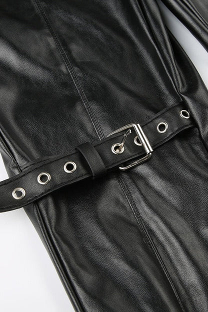 Gothic Eyelet Buckle Lace Panel Leather Flared Low Waist Pants