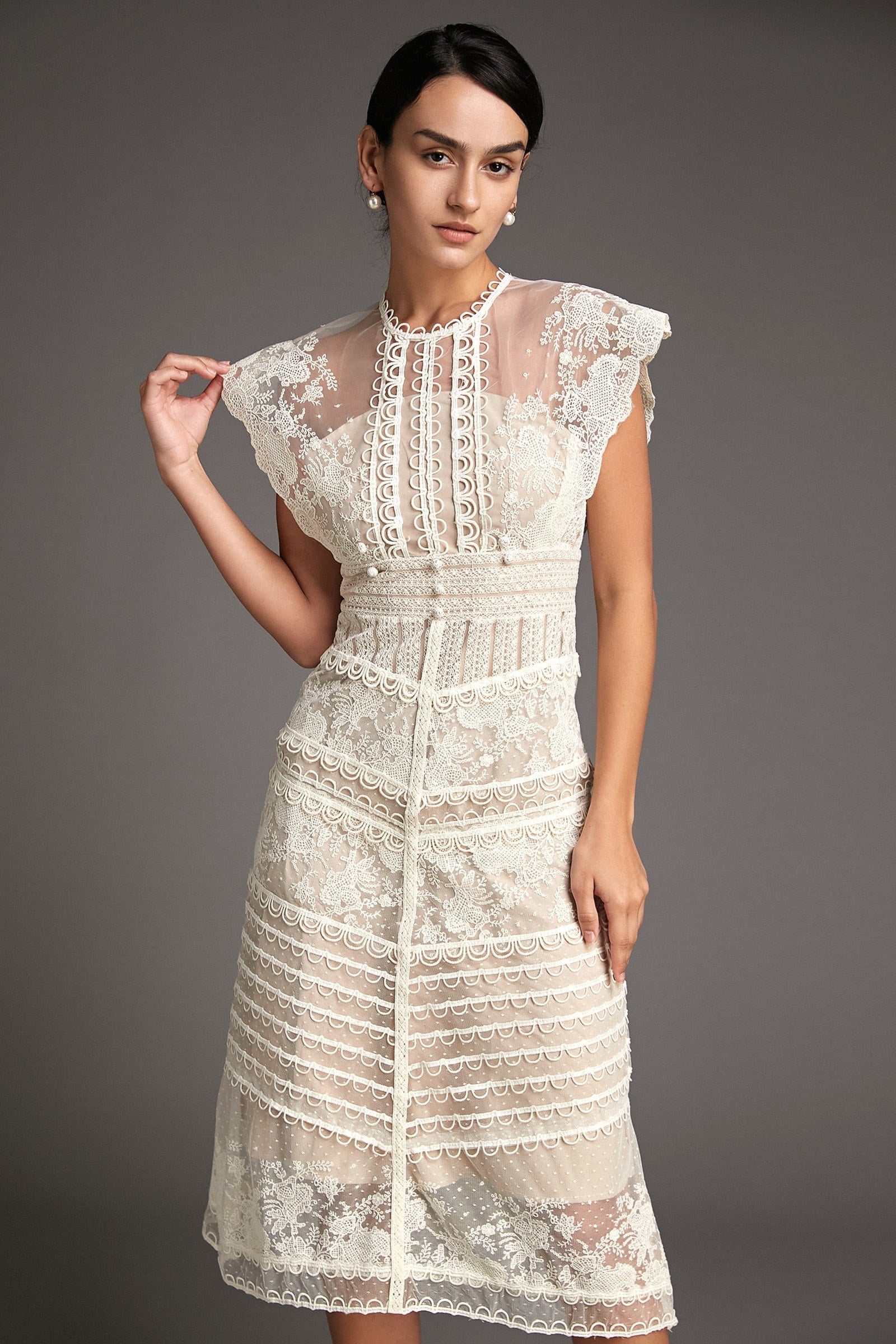 High Neck Lace Yoke Cap Sleeve Button Front Tiered Lace Midi Dress