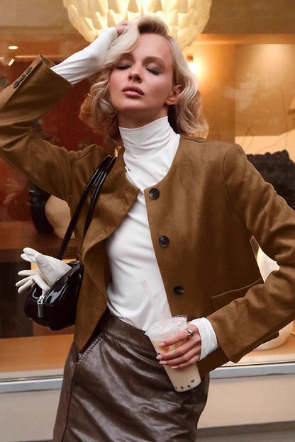 Vintage Brown Suede Round Neck Jacket