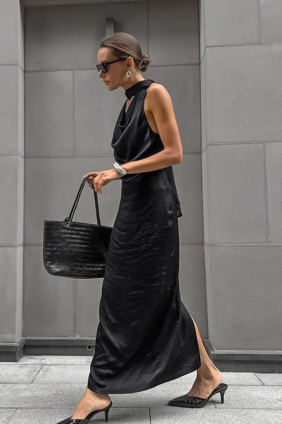 Cowl Neck Halter Satin Column Maxi Dress