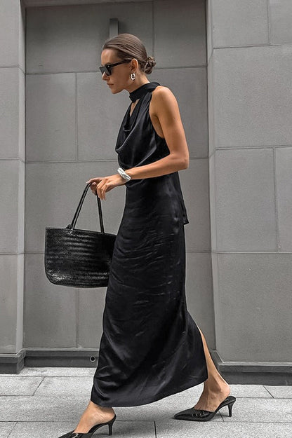 Cowl Neck Halter Satin Column Maxi Dress