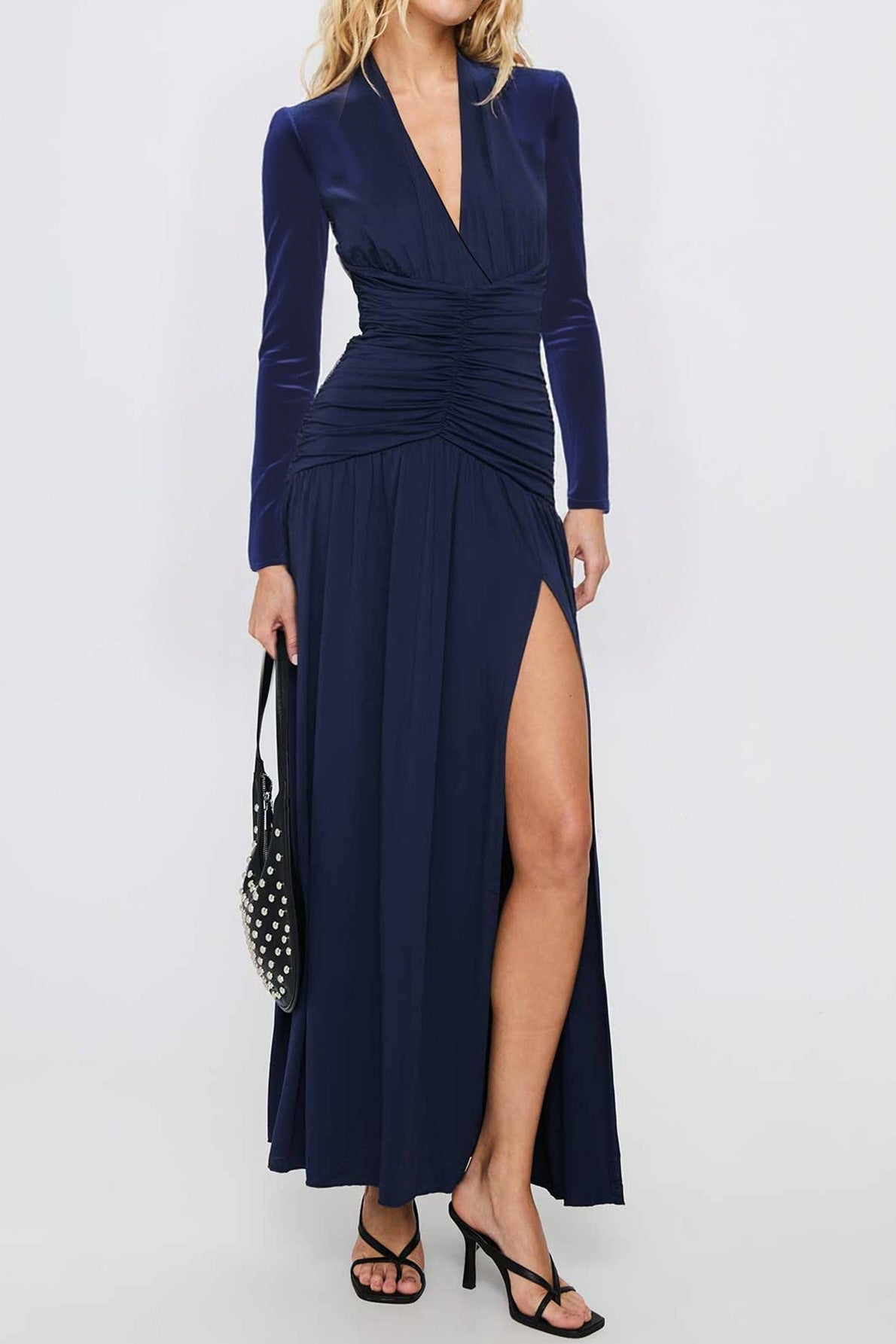 | Deep V Ruched Long Sleeve Slit Fitted Waist Maxi Dress