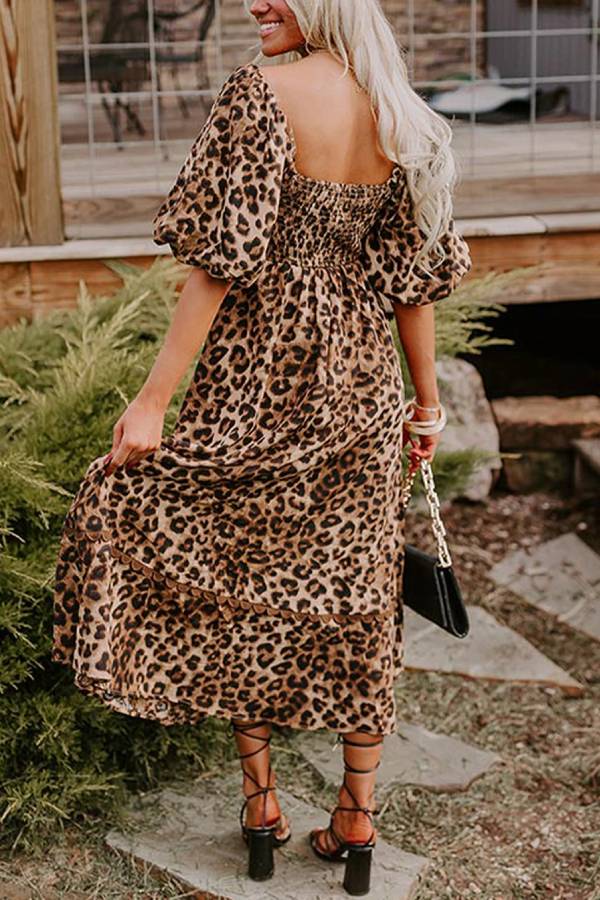 Print Square Neck Scalloped Lace Trim Puff Sleeve Tiered Maxi Dress