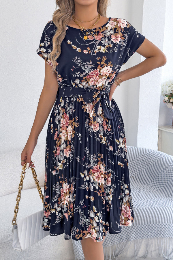 Floral Print Round Neck Fitted Waist Tie Pleated Midi Dress