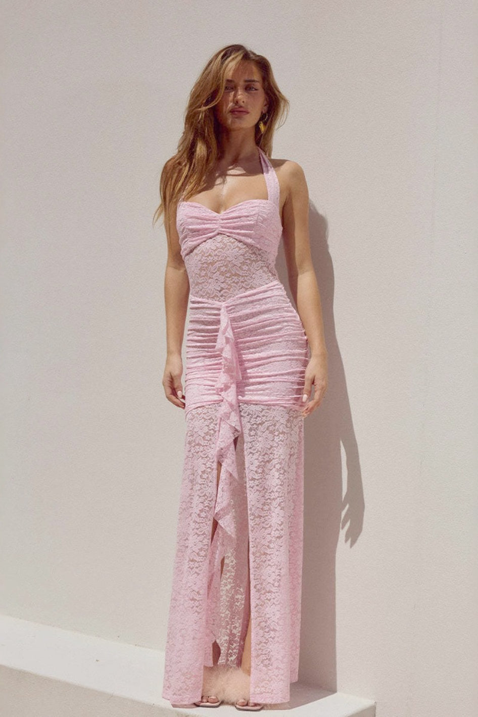 Halter Backless Sheer Lace Patchwork High Slit Fitted Maxi Dress