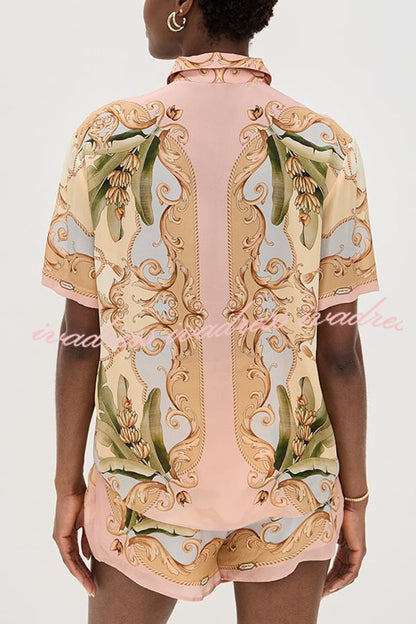 Royalty Unique Print Button Up Short Sleeve Shirt and Elastic Waist Pocketed Loose Shorts Set