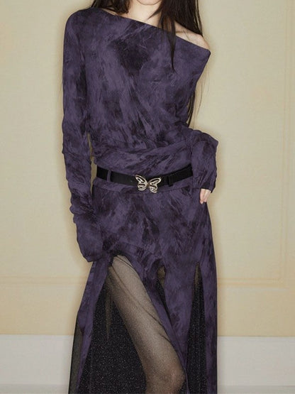Random Smudged Print One Shoulder Mesh Splice Maxi Dress