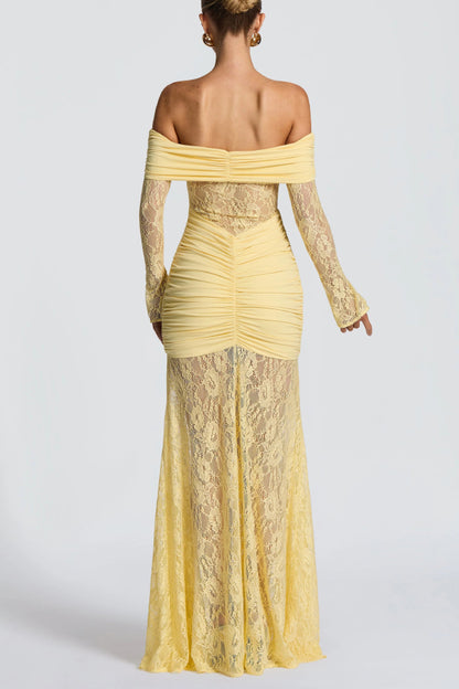 Solid Color Patchwork Lace Off-shoulder Long-sleeved Pleated Slim-fit Maxi Dress
