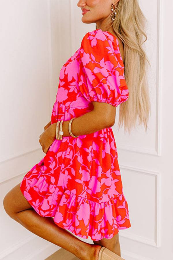 Floral Print Sweetheart Neck Puff Sleeve Empire Waist Ruffle Mini Dress