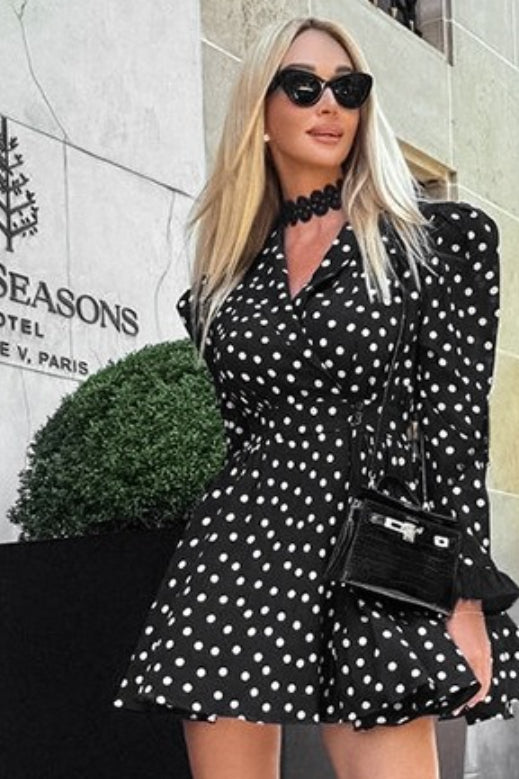 Polka Dot Wrap V Neck Puff Shoulder Ruffle Cuff Tie Waist Satin Mini Dress