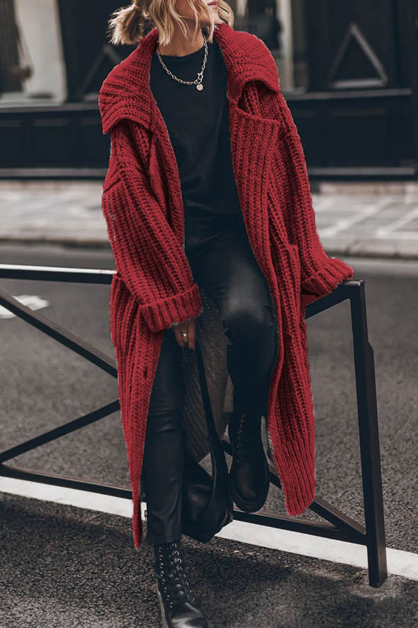 Chunky and Warm Knit Button Pocketed Oversized Midi Cardigan