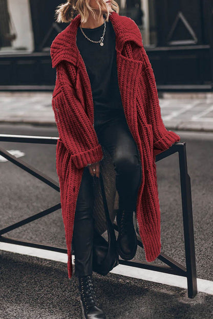 Chunky and Warm Knit Button Pocketed Oversized Midi Cardigan