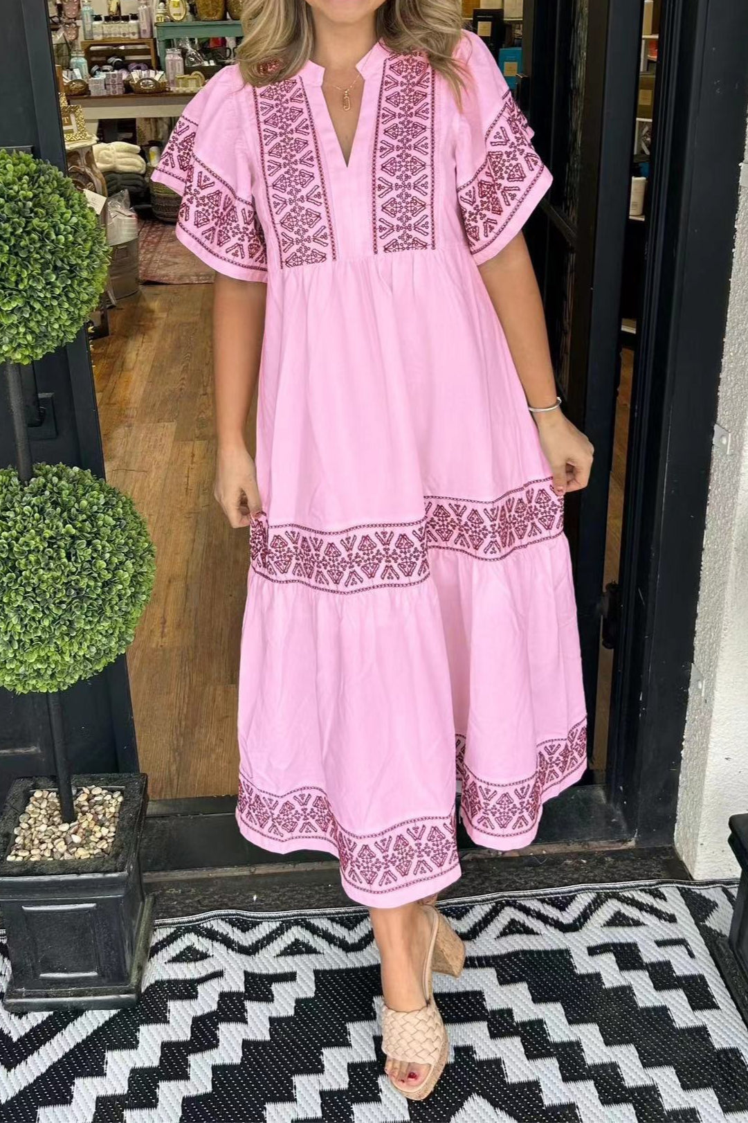 Mandarin Collar Flutter Sleeve Embroidered Trim Tiered Boho Midi Dress