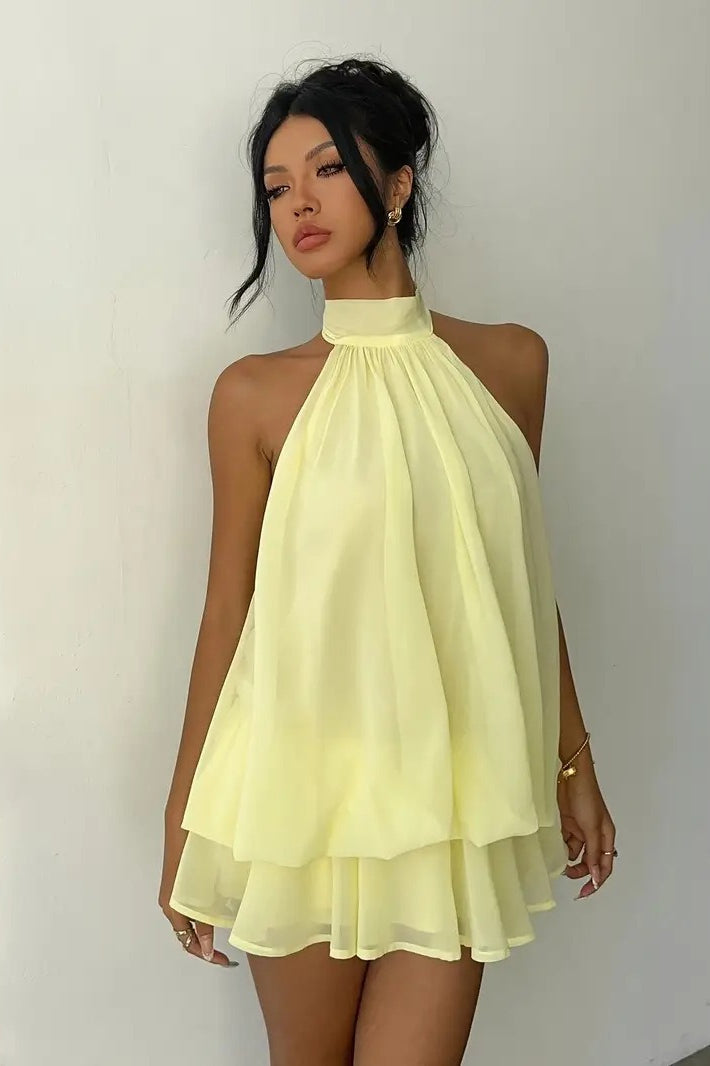 Pleated Halter Neck Tiered Ruffle Chiffon Trapeze Mini Dress