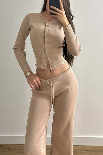 | Fitted Buttoned Long-Sleeve Low-Rise Knit Two Piece Set