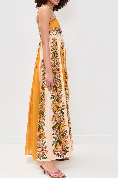 Bloom Bright Linen Blend Floral Print Beaded Shoulder Straps Pocket Maxi Dress