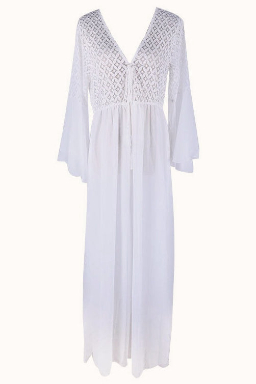 Lace Up V-Neck Crochet Lace Bodice Bell Sleeve Tiered Maxi Dress