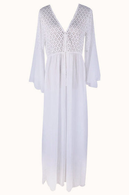 Lace Up V-Neck Crochet Lace Bodice Bell Sleeve Tiered Maxi Dress
