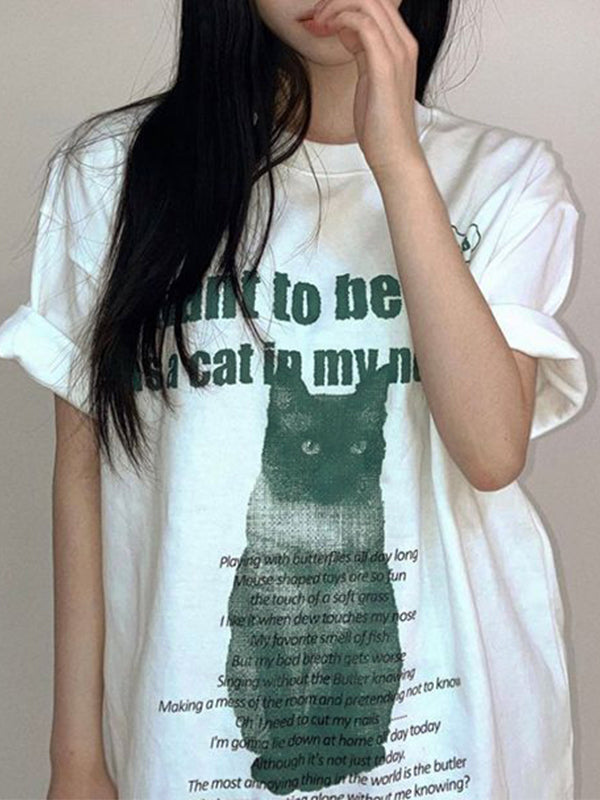 Cat Letter Print Oversized Short Sleeve Tee