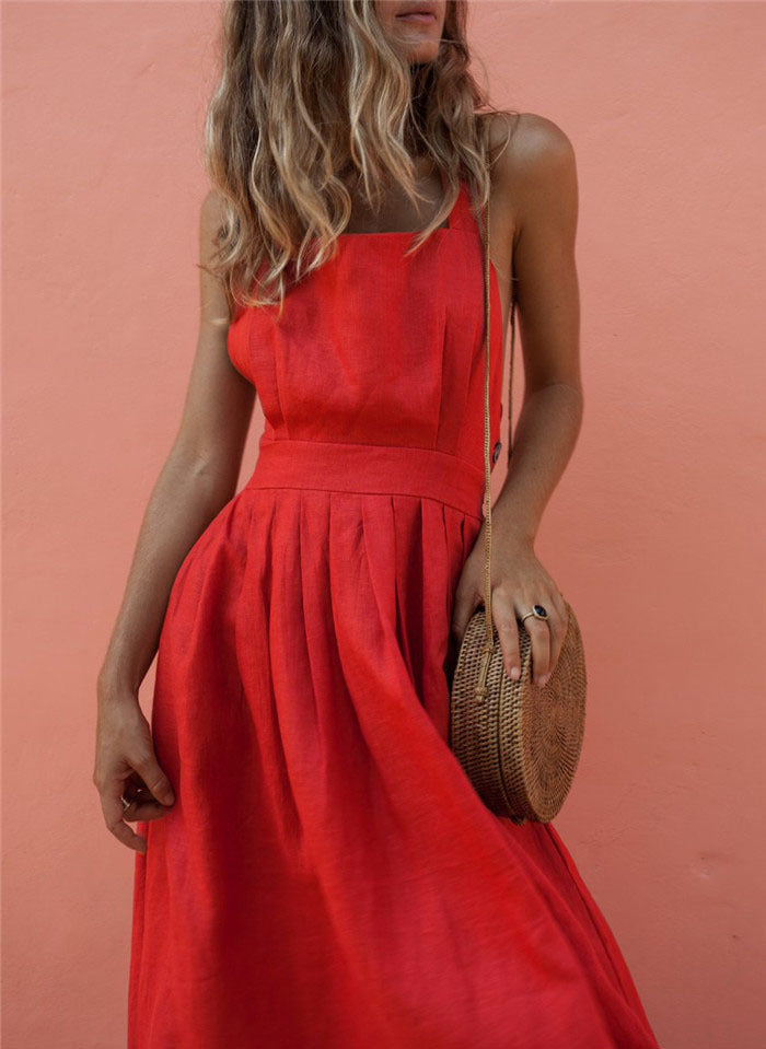 Backless Square Neck Button Side Cut Out A-Line Midi Dress
