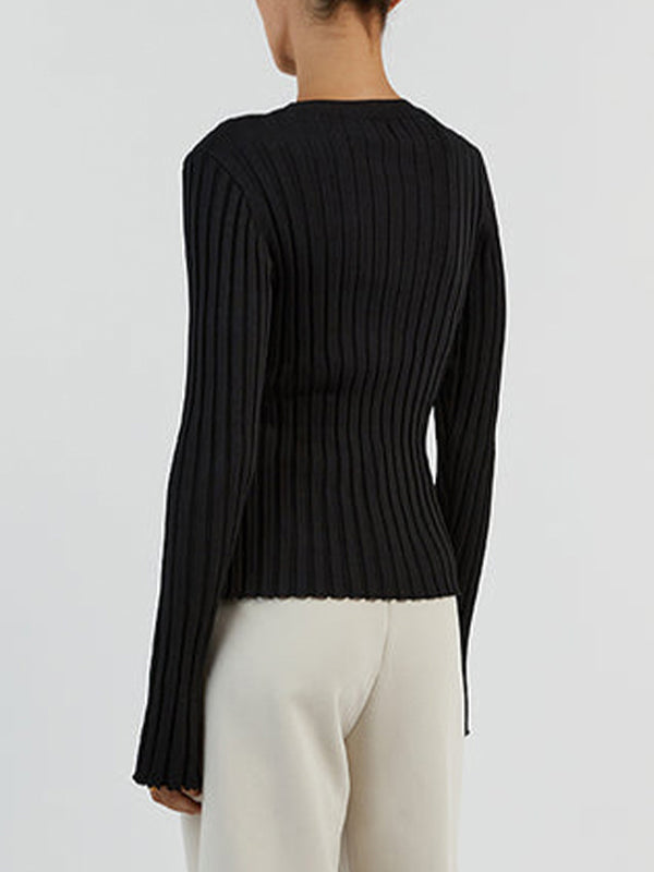 Solid Ribbed Crew Neck Long Sleeve Knit