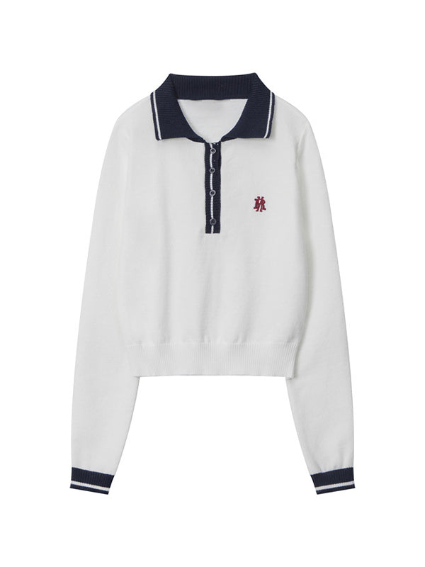 Preppy Letter Embroidery Lapel Neck Long Sleeve Knit