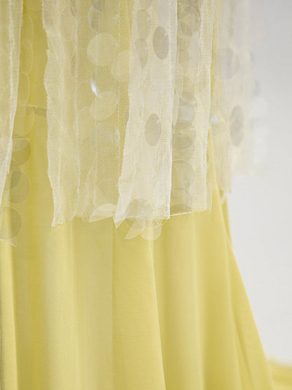 Sequin Sheer Maxi Slip Dress for Women - Butter Yellow Boho Backless V Neck Mermaid Cut Evening Gown - Summer Beach 2026