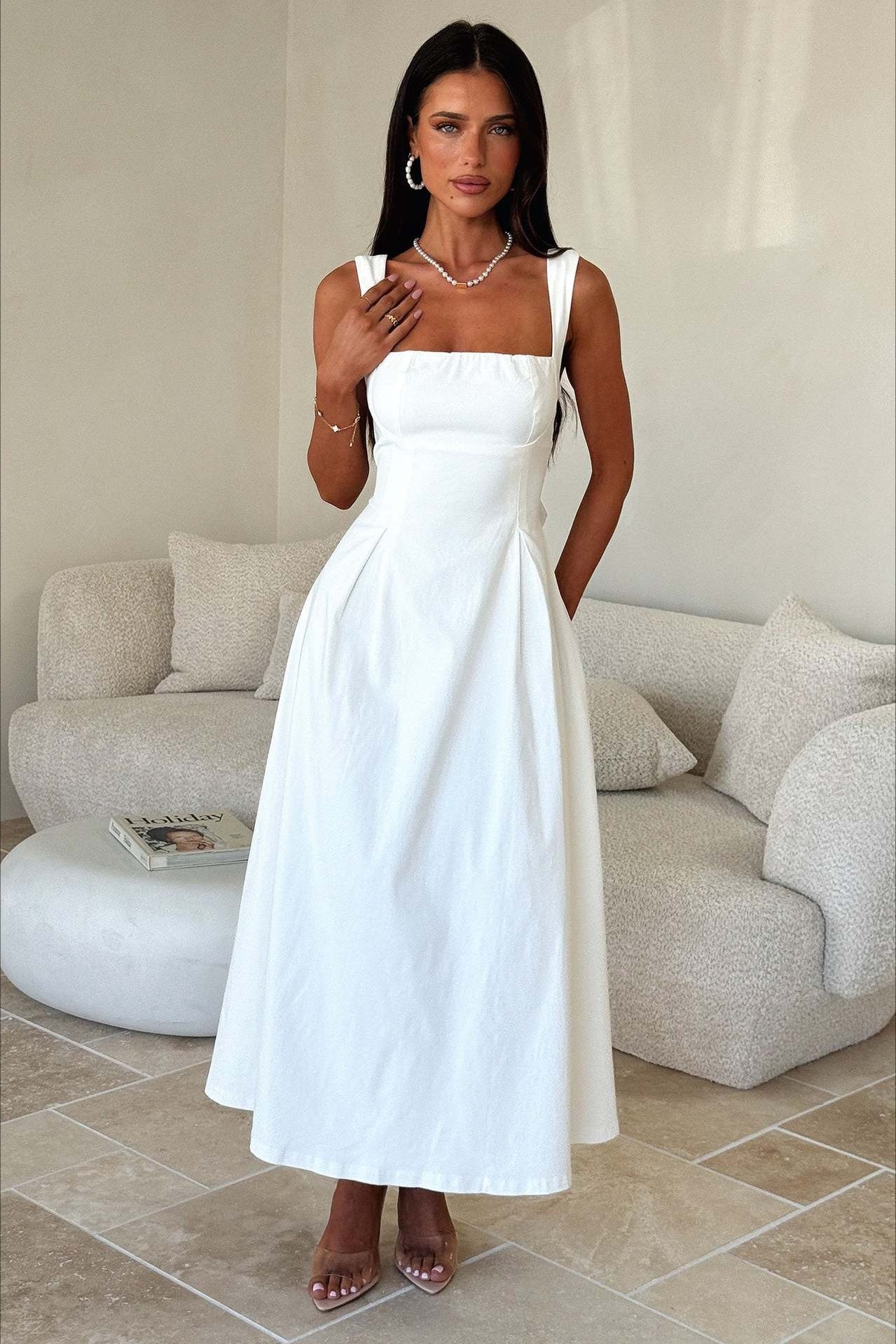 Square Neck Wide Strap Princess Seam Corset Bodice Flared Midi Dress