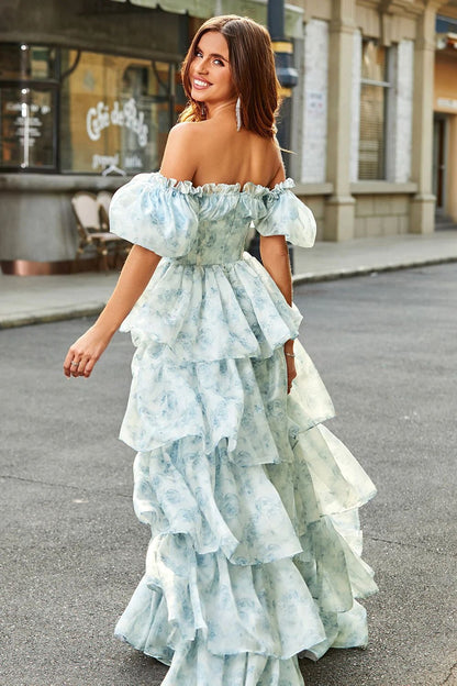 Off Shoulder Corset Bodice Puff Sleeve Tiered Floral Print Maxi Dress