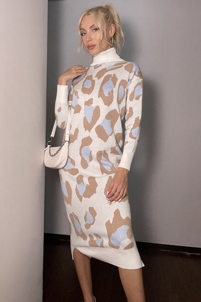 Leopard Print Turtleneck Sweater Dress