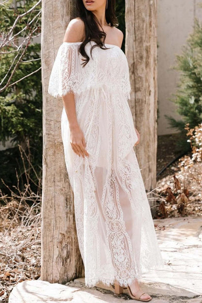 Off-Shoulder Floral Lace Overlay Scalloped Sheer Boho Maxi Dress