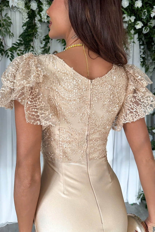 Sequin Lace Flutter Sleeve Deep V-Neck Ruched Satin Midi Dress