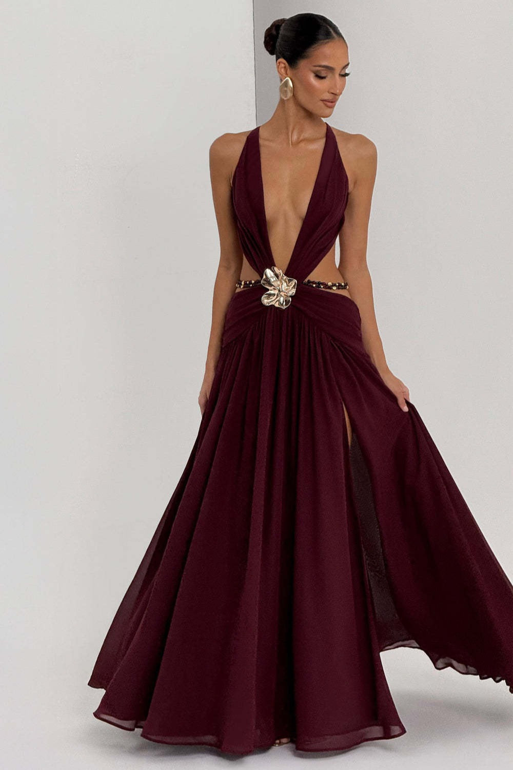 | Halter Deep V Backless High Slit Maxi Dress