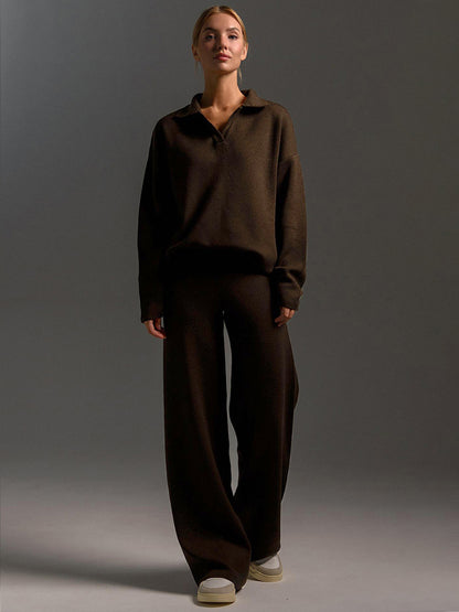 Knit Pant Set Drop Shoulder Pullover And Wide Leg Trousers For Women