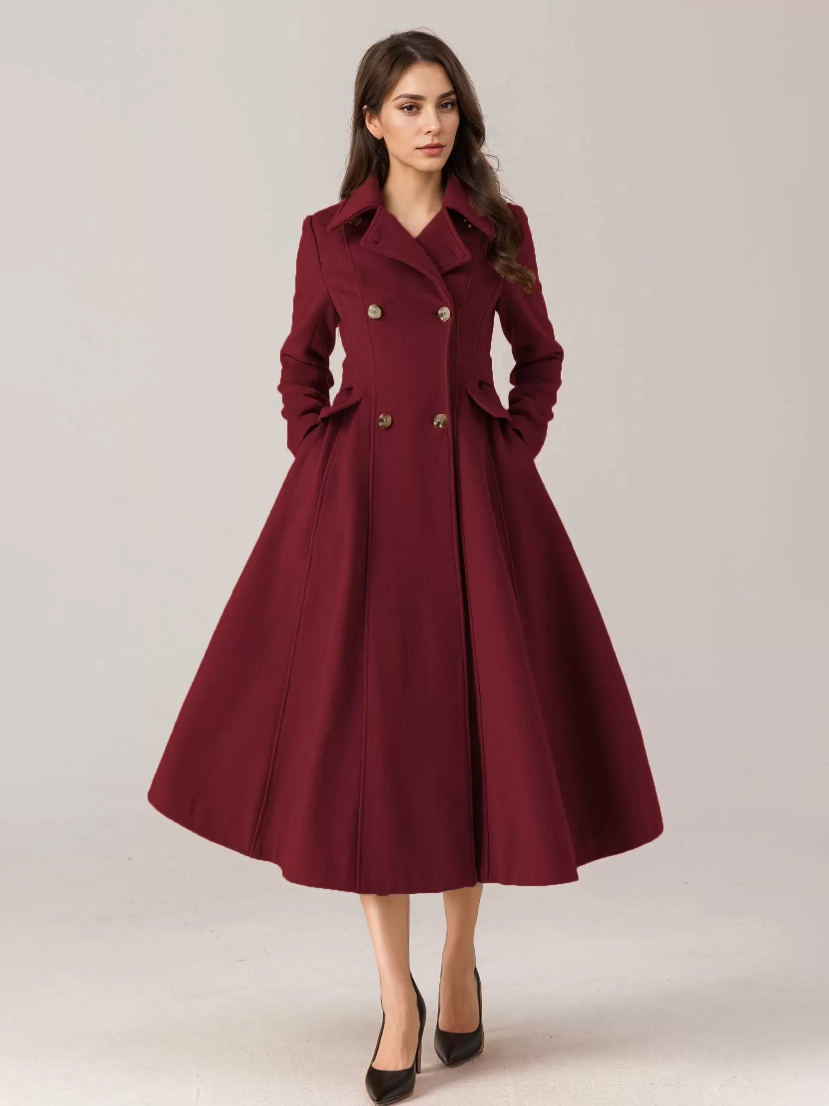 Flared Wool Blend Coat For Woman Red Turndown Collar Double-breasted Elegant 2026 Winter Outerwear