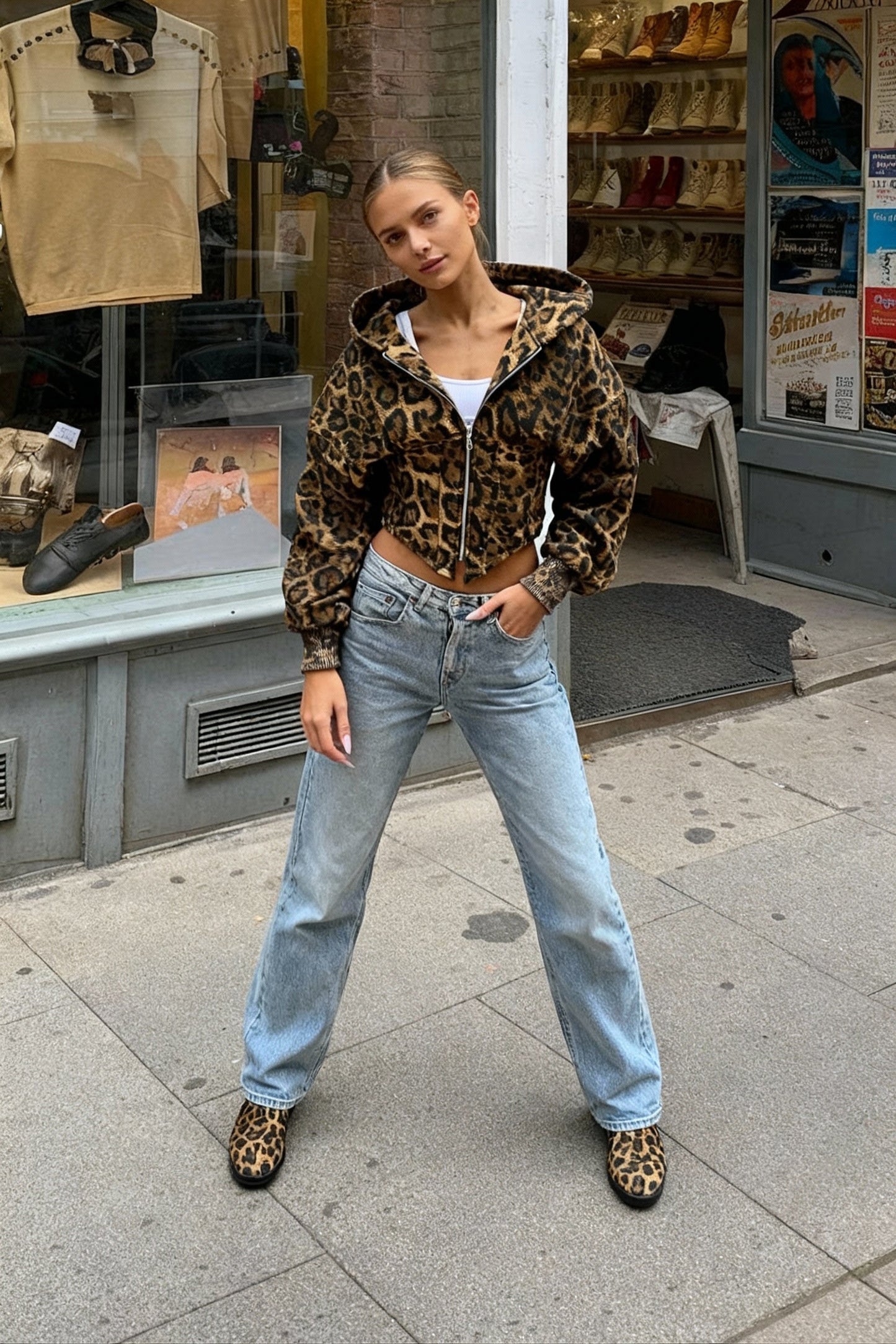 Street Style Leopard Print Hoodie Coat