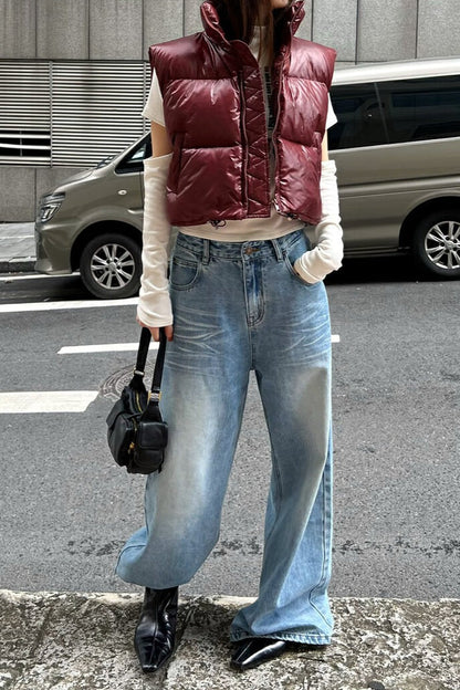 Vintage Washed Whisker Wide Leg Denim Jeans