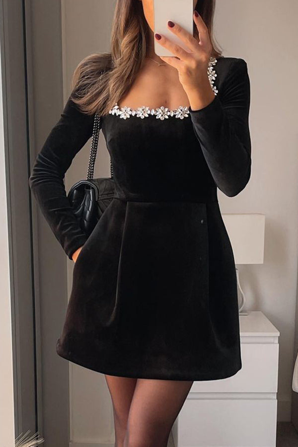 Rhinestone Square Neck Velvet Long Sleeve A-Line Mini Dress