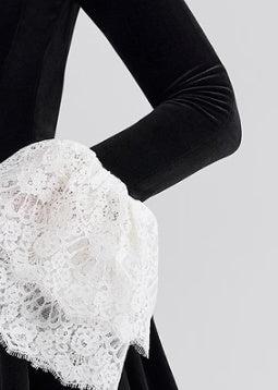 Lace Collar Bell Cuff Long Sleeve Ruched Corset Bodice Velvet Skater Mini Dress