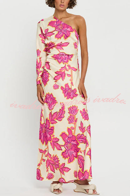 Rhia Satin Floral Print One Shoulder Flared Maxi Dress