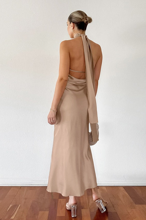 Halter Neck Ruched Collar Satin Column Maxi Dress