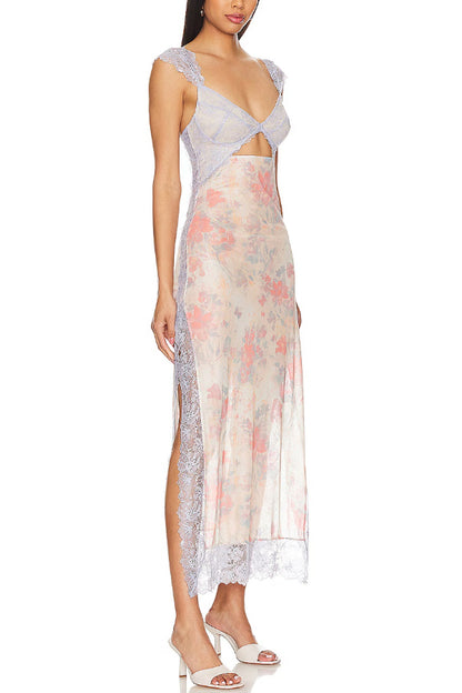 Floral Print Lace Patchwork Hollow-out Slim-fit Midi Dress