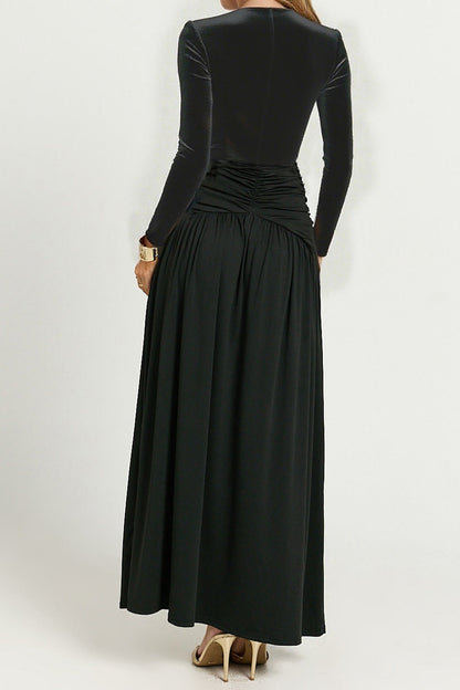 | Deep V Ruched Long Sleeve Slit Fitted Waist Maxi Dress